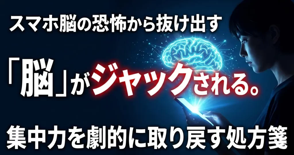 暗い背景に、スマートフォンを見つめる人の横顔と、画面から発せられる青白い光が脳の形をしているネオンのような合成イメージ。中央には大きく「「脳」がジャックされる。」、その上下に「スマホ脳の恐怖から抜け出す」「集中力を劇的に取り戻す処方箋」というテキストが配置された、デジタルデトックスに関するサムネイル。