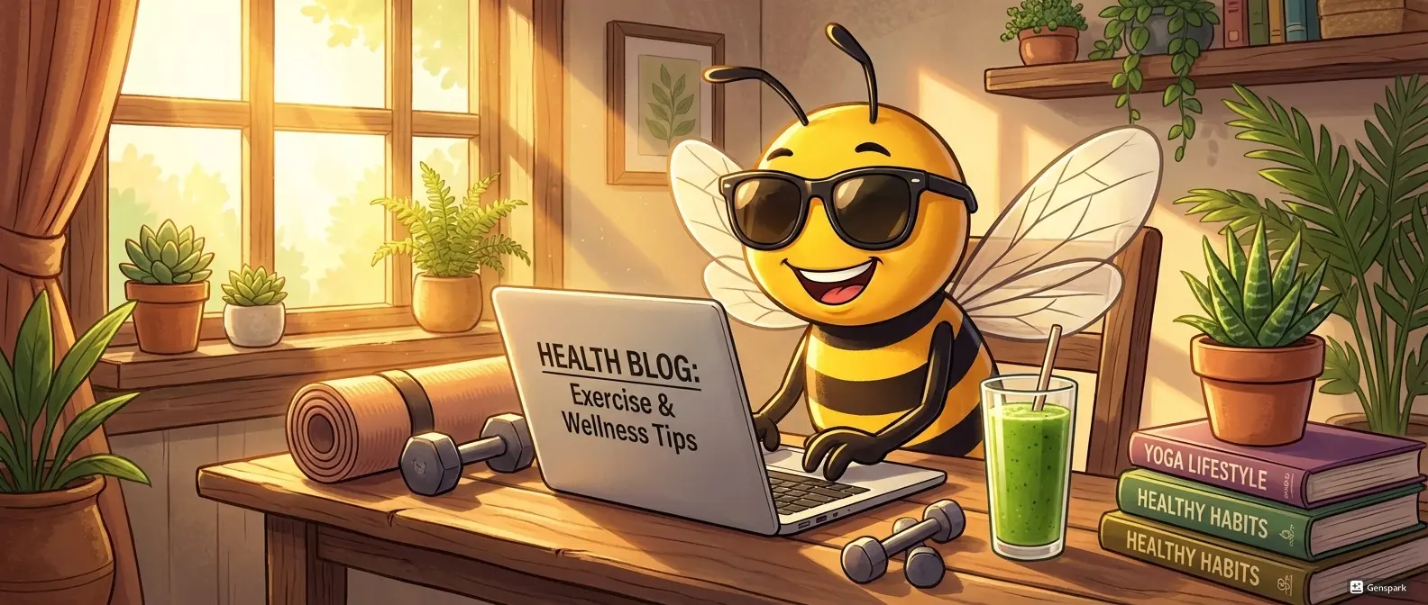 パソコンで執筆するサングラスのミツバチのイラスト